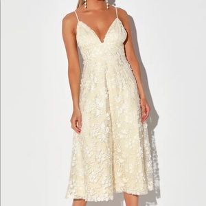 Lulu’s Flourishing Kiss Cream Floral Embroidered Floral Lace Midi Dress